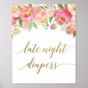 Peach & Pink Peony Flower Late Night Diapers Sign