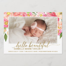 Peach & Pink Peony Flower Photo Birth Announcement