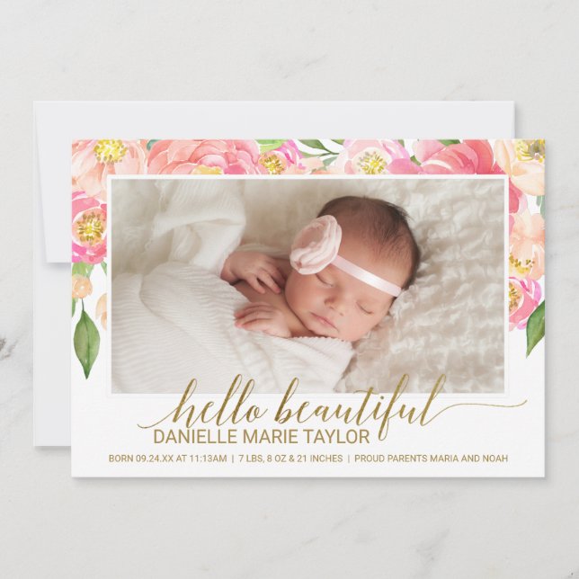 Peach & Pink Peony Flower Photo Birth Announcement (Front)