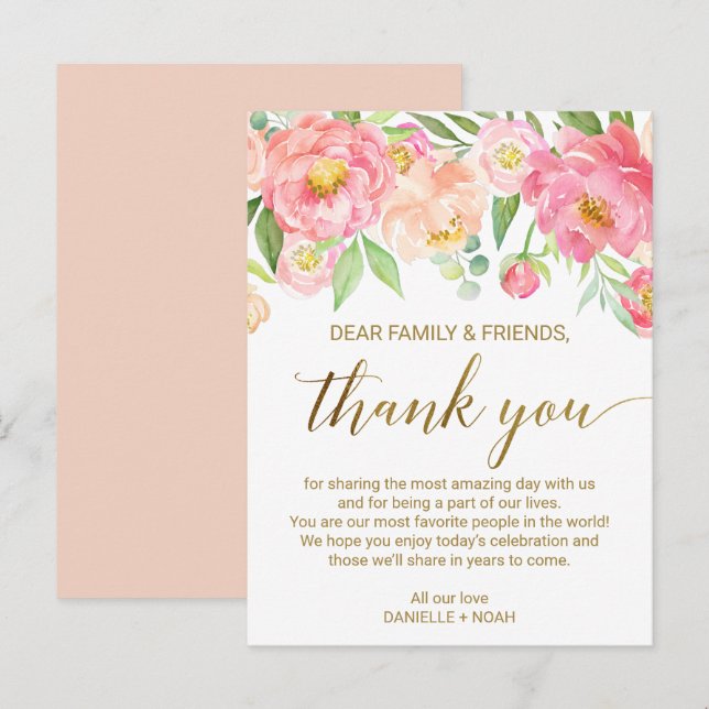 Peach & Pink Peony Flower Reception Thank You Card (Front/Back)
