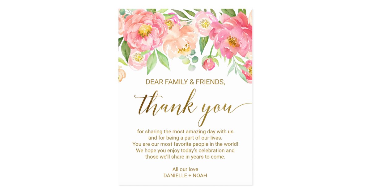 Peach Pink Peony Flower Reception Thank You Card Zazzle Com