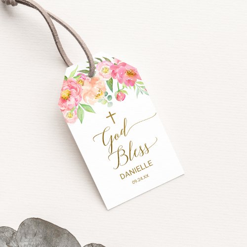 Peach  Pink Peony Flowers God Bless Baptism Favor Gift Tags