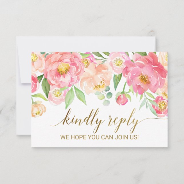Peach & Pink Peony Flowers Song Request RSVP Card (Front)