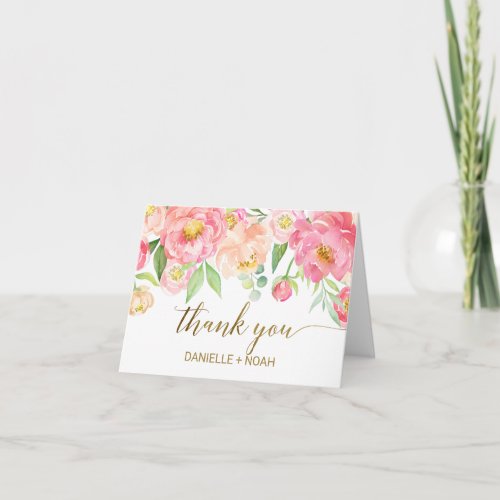 Peach  Pink Peony Flowers Wedding Thank You Card