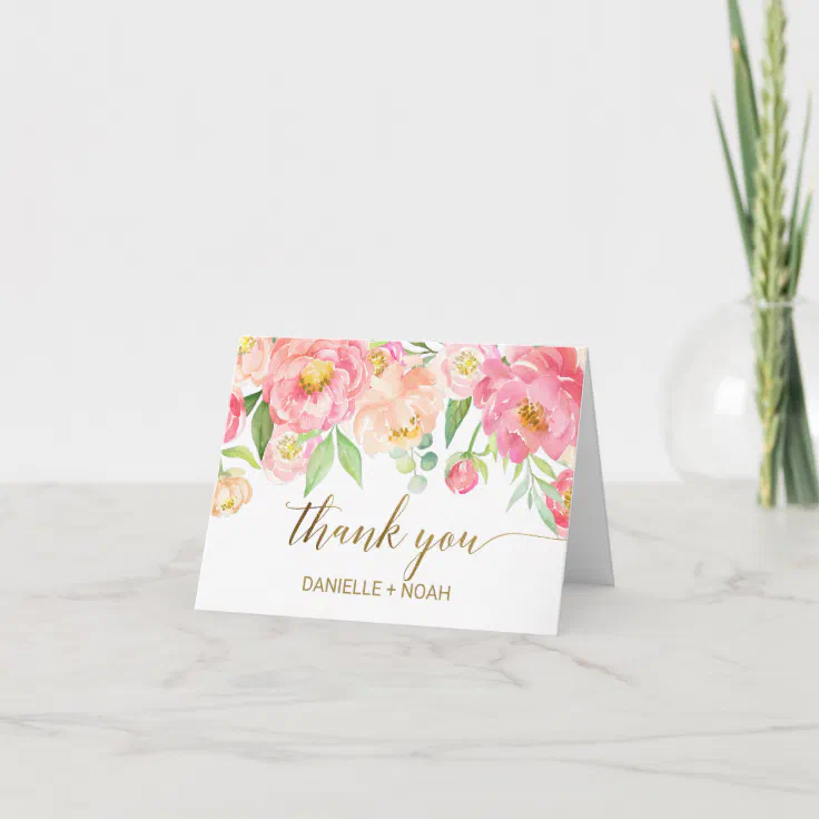 Peach & Pink Peony Flowers Wedding Thank You Card | Zazzle