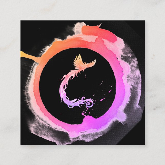 *~* Peach Pink Phoenix Ring of Ombre Fire Square Business Card (Front)