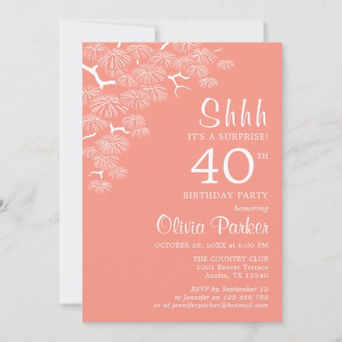 Peach Pink Pine Branch Surprise 40th Birthday Invitation