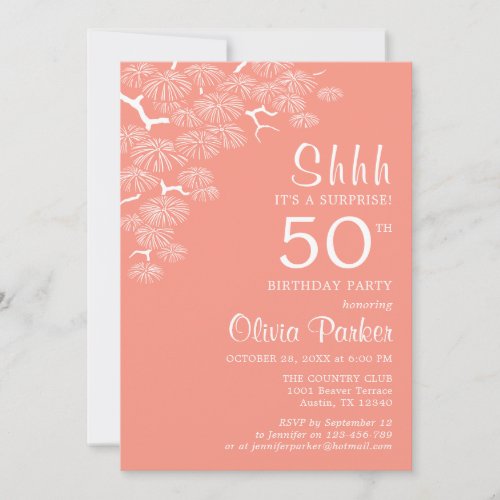 Peach Pink Pine Branch Surprise 50th Birthday Invitation