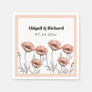 Peach pink poppies wildflowers floral wedding napkins