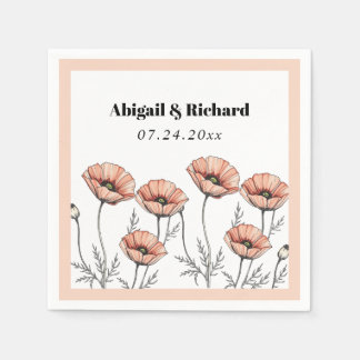 Peach pink poppies wildflowers floral wedding napkins