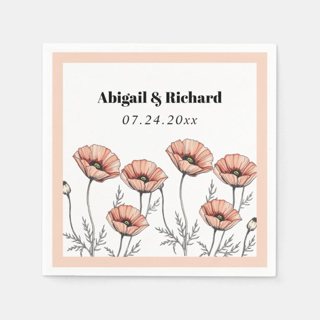 Peach pink poppies wildflowers floral wedding napkins (Front)