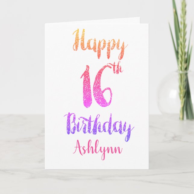 Peach Pink Purple Glitter 16th Birthday Card (Front)