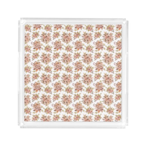 Peach Pink Red Brown Green Floral Flowers Acrylic Tray