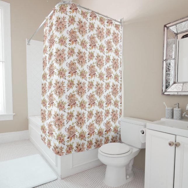 Peach Pink Red Brown Green Floral Flowers Shower Curtain (In Situ)