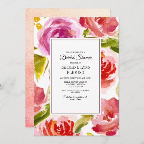 Peach Pink Red Floral Watercolor Bridal Shower Invitation