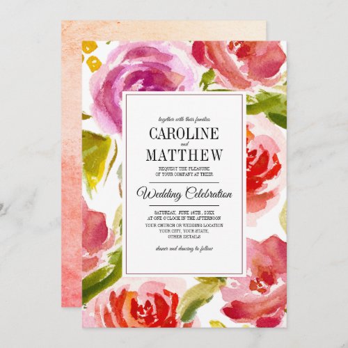 Peach Pink Red Floral Watercolor Wedding Invitation