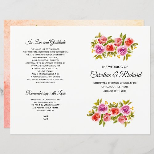Peach Pink Red Floral Watercolor Wedding Program