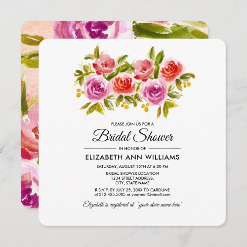 Peach Pink Red Watercolor Floral Bridal Shower Invitation