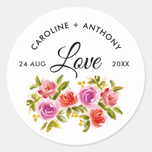 Peach Pink Red Watercolor Floral Wedding  Classic Round Sticker