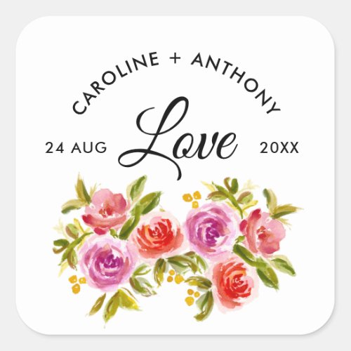 Peach Pink Red Watercolor Floral Wedding Square Sticker