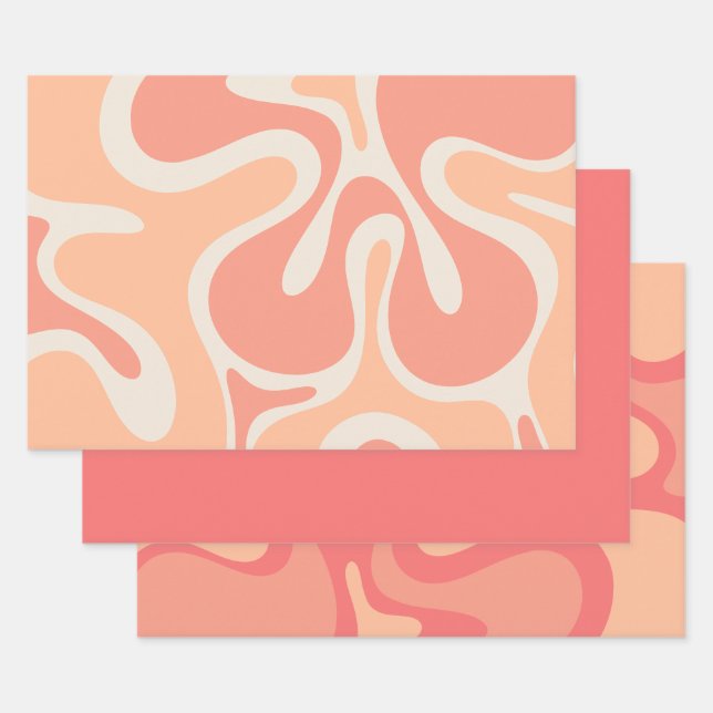 Peach Pink Retro Abstract Patterns Wrapping Paper Sheets (Set)