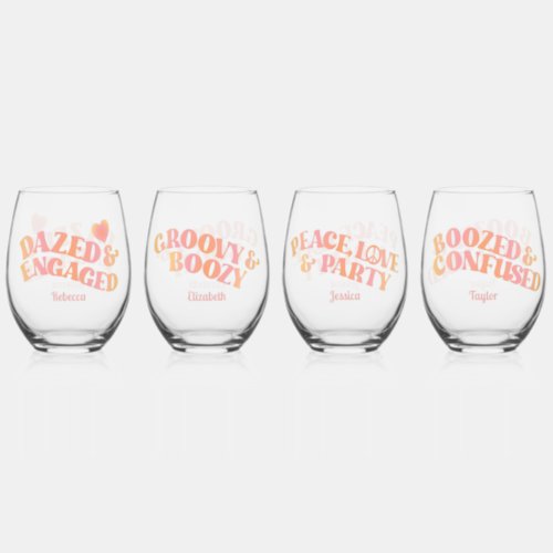Peach Pink Retro Dazed and Engaged Stemless Wine Glass