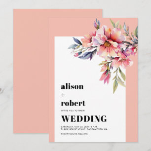 Peach pink rhododendron flowers sage green wedding invitation