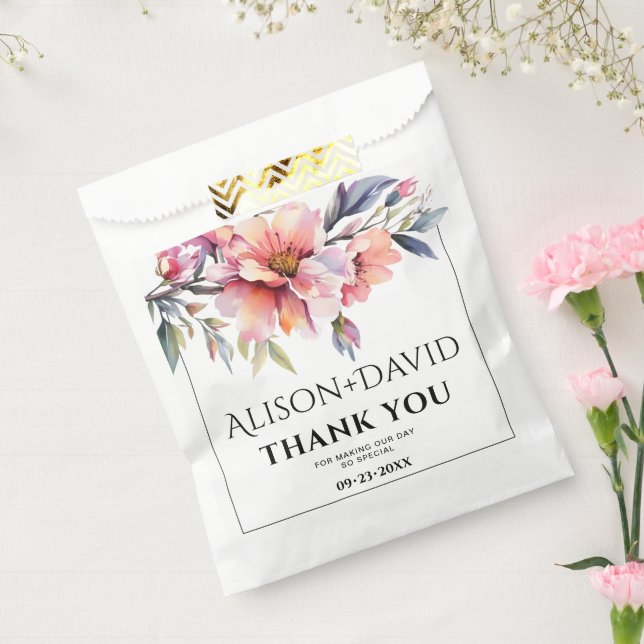 Peach-pink rhododendron flowers typography wedding favor bag (Sealed)