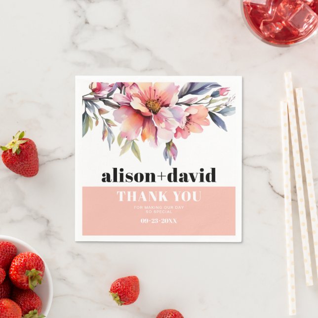 Peach-pink rhododendron flowers typography wedding napkins (Insitu)