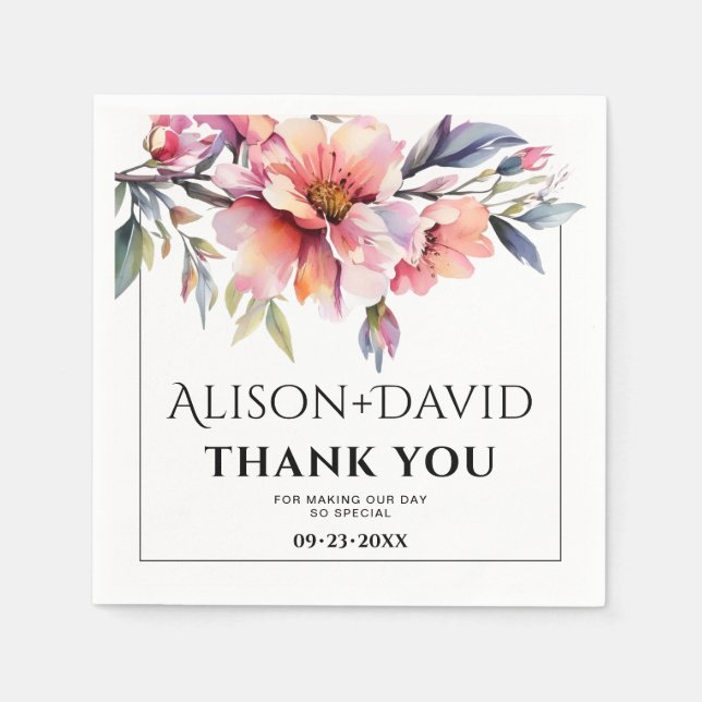 Peach-pink rhododendron flowers typography wedding napkins (Front)