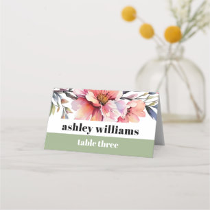 Peach-pink rhododendron flowers typography wedding place card