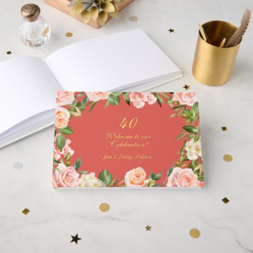 Peach Pink Rose Border 40 Anniversary  Foil Guest Book