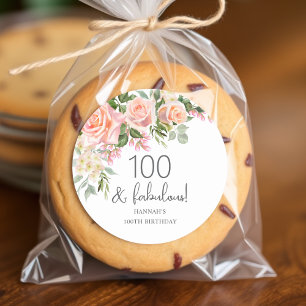 Peach Pink Rose Floral 100th Birthday  Classic Round Sticker