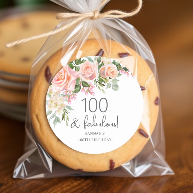 Peach Pink Rose Floral 100th Birthday  Classic Round Sticker (Creator Uploaded)