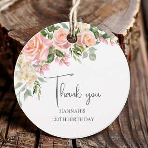 Peach Pink Rose Floral 100th Birthday Favor Tags
