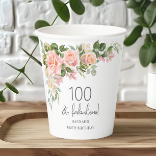 Peach Pink Rose Floral 100th Birthday  Paper Cups