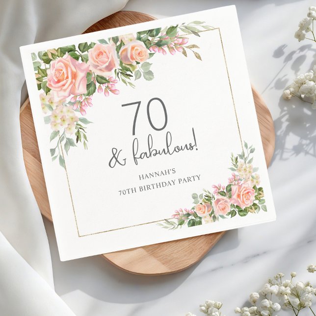 Peach Pink Rose Floral 70th Birthday  Napkins (Creator Uploaded)