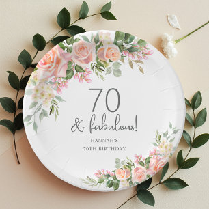 Peach Pink Rose Floral 70th Birthday Paper Plates