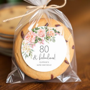 Peach Pink Rose Floral 80th Birthday Classic Round Sticker