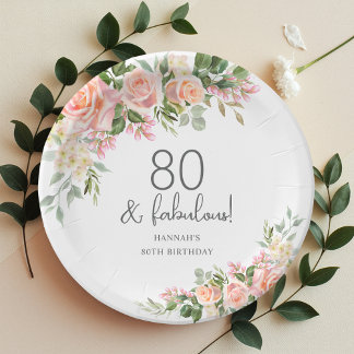 Peach Pink Rose Floral 80th Birthday  Paper Plates