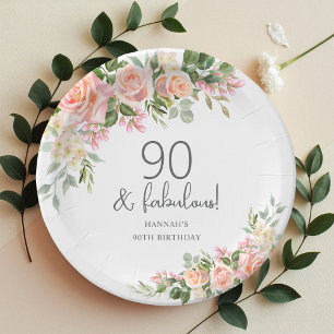 Peach Pink Rose Floral 90th Birthday Paper Plates