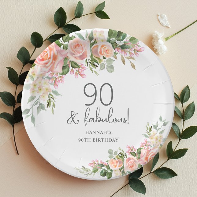 Peach Pink Rose Floral 90th Birthday  Paper Plates (Creator Uploaded)