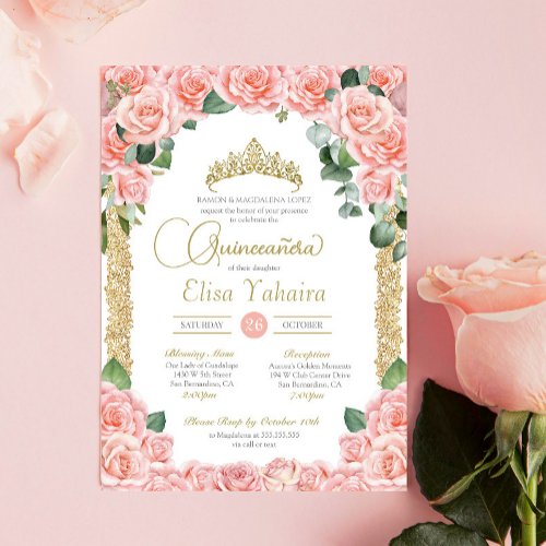 Peach Pink Rose Floral Gold Elegant Quinceanera Invitation