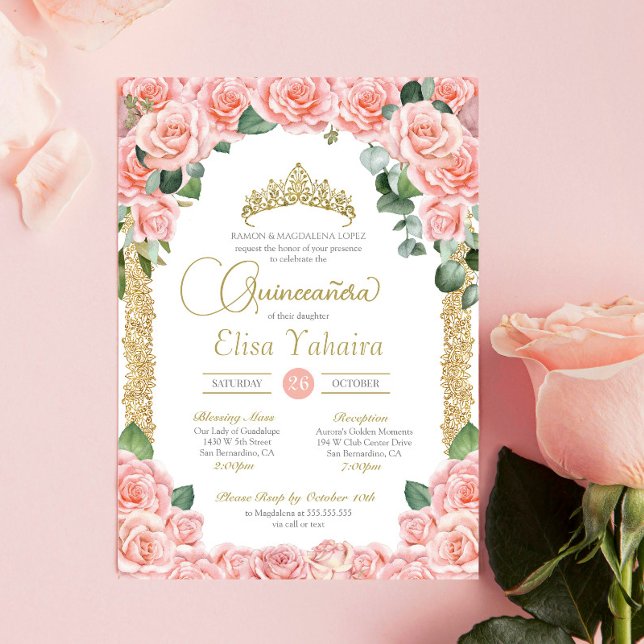 Peach Pink Rose Floral Gold Elegant Quinceanera Invitation (Creator Uploaded)