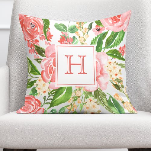 Peach Pink Rose Floral Watercolor Pretty Monogram Throw Pillow