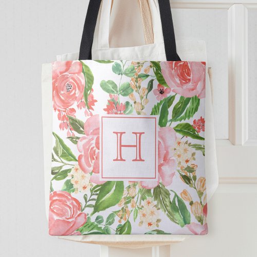 Peach Pink Rose Floral Watercolor Pretty Monogram Tote Bag