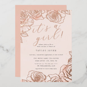 Peach Pink Rose Gold It's a Girl Baby Shower Foil Invitation