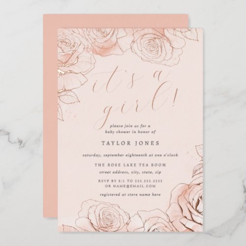 Peach Pink Rose Gold Its a Girl Baby Shower  Foil Invitation