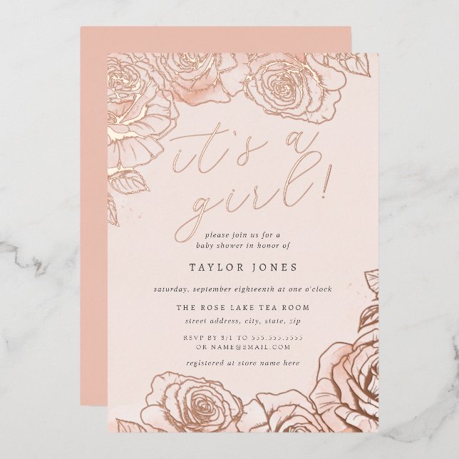 Peach Pink Rose Gold It's a Girl Baby Shower  Foil Invitation (Front/Back)