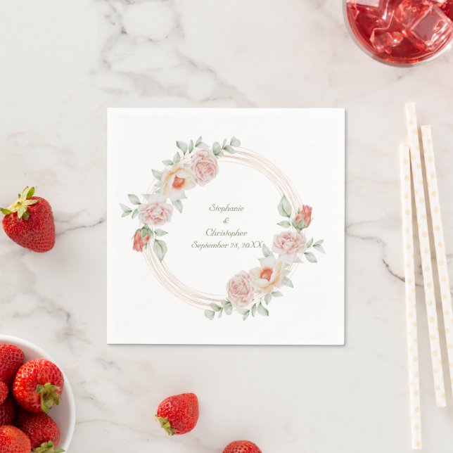 Peach Pink Rose Green Floral Gold Frame Wedding  Napkins (Insitu)
